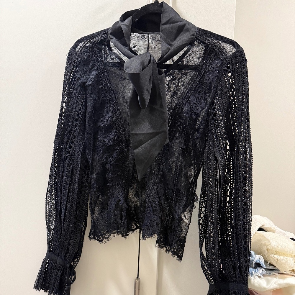 Black Lace Tie-Neck Blouse – Sheer & Romantic